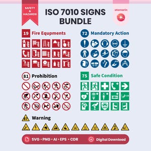 Può includere: Un pacchetto digitale di segnali di sicurezza e pericolo ISO 7010 con icone rosse per attrezzature antincendio, cerchi blu per azioni obbligatorie, simboli rossi di divieto, quadrati verdi di sicurezza e triangoli gialli di avvertimento.