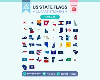 50 US State Flag Maps SVG PNG Printable Clipart Stickers