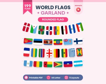World Flaggen Girlande Druckbare PDF | Abgerundete Flaggenbanner, 199 Länder, Klassenzimmerdekoration & Internationaler Tag
