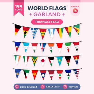 Peut inclure: Une guirlande à télécharger numériquement présentant 199 drapeaux du monde en forme de triangle, disposés sur quatre cordes. Le texte indique 199 FLAGS, WORLD FLAGS, GARLAND, TRIANGLE FLAG, Digital Download, A4 & US Letter, 6 Layouts.