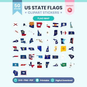 May include: A digital collection of 50 US state flags shaped as clipart stickers. The graphic features the text US STATE FLAGS CLIPART STICKERS and FLAG MAP, with icons for SVG, PNG, PDF, and digital download options at the bottom.