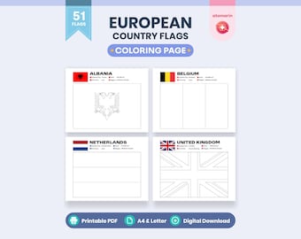 European Flags Coloring Pages Printable PDF | 51 Countries Geography Activity Book for Kids