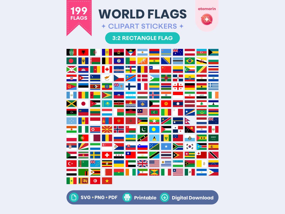 World Flags Clipart SVG PNG PDF Bundle | 199 Countries, 6 Flag Designs ...