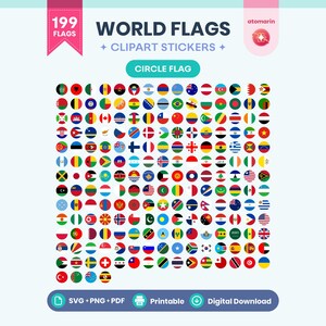 Wereldvlaggen Clipart SVG PNG PDF | Ronde vlagstickers, 199 landen, afdrukbaar
