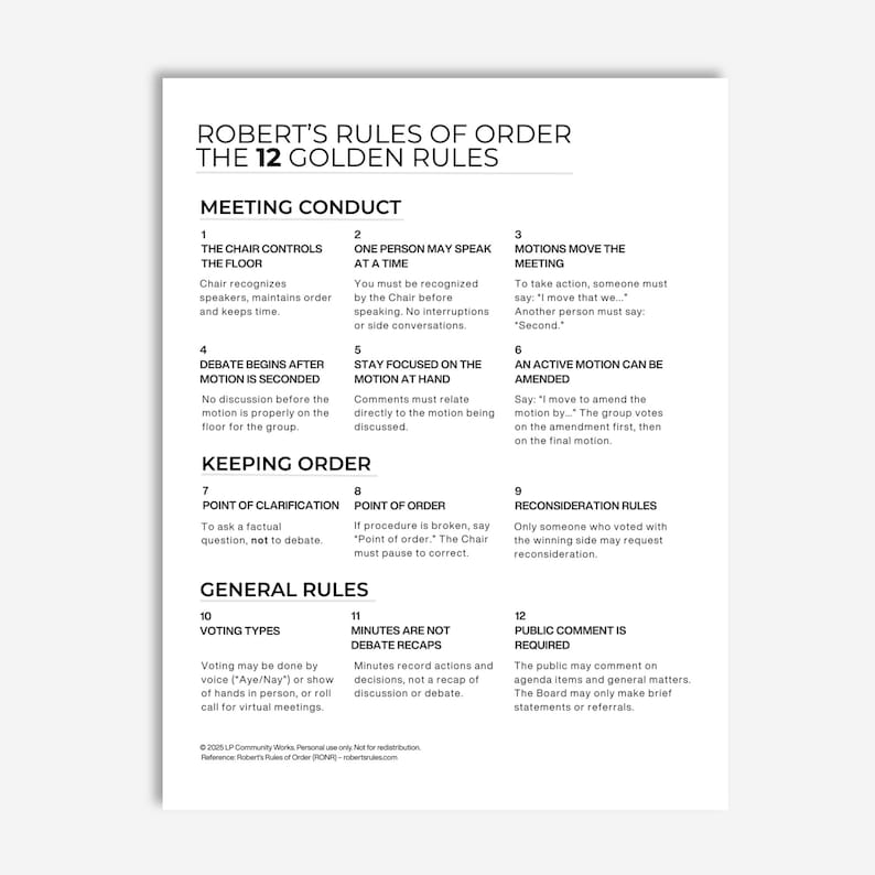 Robert’s Rules of Order Cheat Sheet • Printable 12 Golden Rules (PDF ...