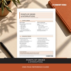 May include: A white one-page reference guide titled Points of Order & Interruptions with black text and peach-colored headers. The document outlines procedures for clarity, order, and managing tension during meetings, published by LP Community Works.