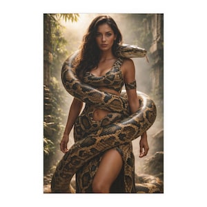 Op de afbeelding: Een canvas print met een vrouw met een grote slang. Het patroon van de slang is bruin en beige, in contrast met de huidskleur van de vrouw. Ze draagt een bijpassende outfit met slangenpatroon. De achtergrond suggereert een jungle.