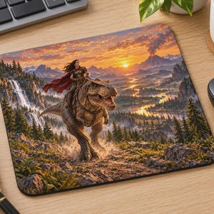 May include: A rectangular mouse pad featuring a detailed illustration of a person with long dark hair and a red cape riding a brown Tyrannosaurus rex. The background depicts a mountainous landscape with a waterfall, a winding river, and a volcano.
