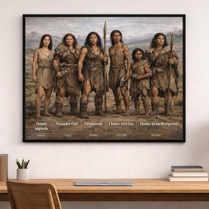 May include: A framed print depicting a group of six figures representing different hominid species, including Homo sapiens and Neanderthals. The figures are dressed in primitive clothing and hold spears. The print is displayed on a desk with books and a lamp.