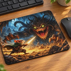 May include: A rectangular mouse mat featuring a detailed illustration of a small mouse warrior in a green cloak holding a glowing sword, facing a large, dark, multi-tentacled monster with sharp teeth and glowing yellow eyes in a rocky cavern.