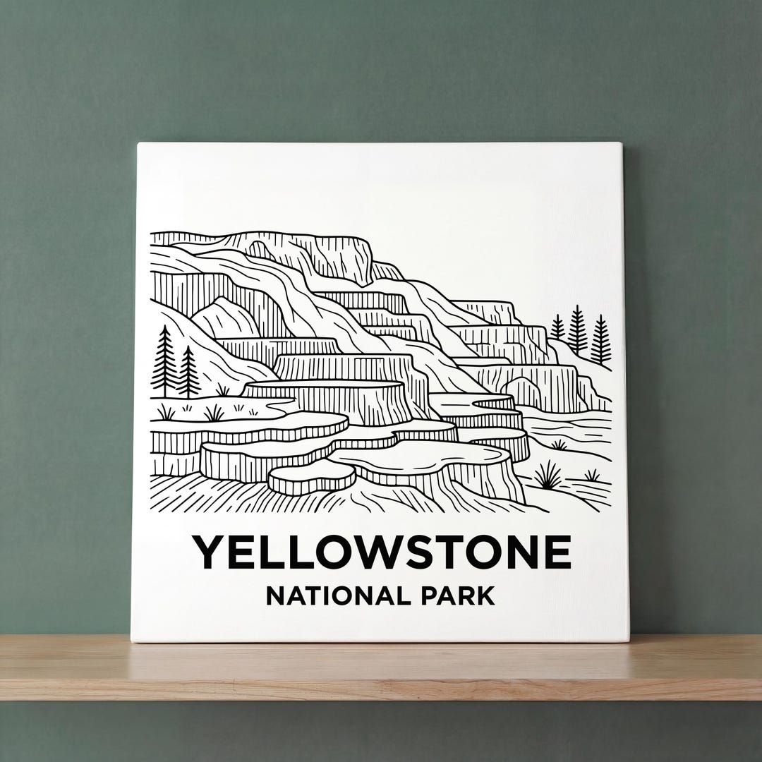 Yellowstone National Park Poster, Mammoth Terraces Minimalist Line Art ...