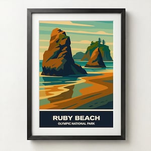 May include: Framed art print featuring a stylized landscape of Ruby Beach in Olympic National Park. The artwork depicts sea stacks, a sandy beach, and the ocean in shades of blue, orange, and brown. The text "RUBY BEACH" is displayed at the bottom.