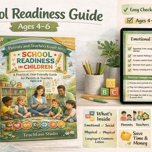 May include: A guide titled "School Readiness in Children" for ages 4-6, with a family illustration on the cover. Includes a digital PDF, checklists, and information on emotional and social readiness. Also includes a tablet with a checklist.