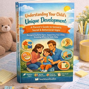 May include: A book titled "Understanding Your Child's Unique Development" with the subtitle "A Parent's Guide to Sensory, Social & Behavioral Signs." The cover features a family illustration and the text "E-book & Printable PDF."