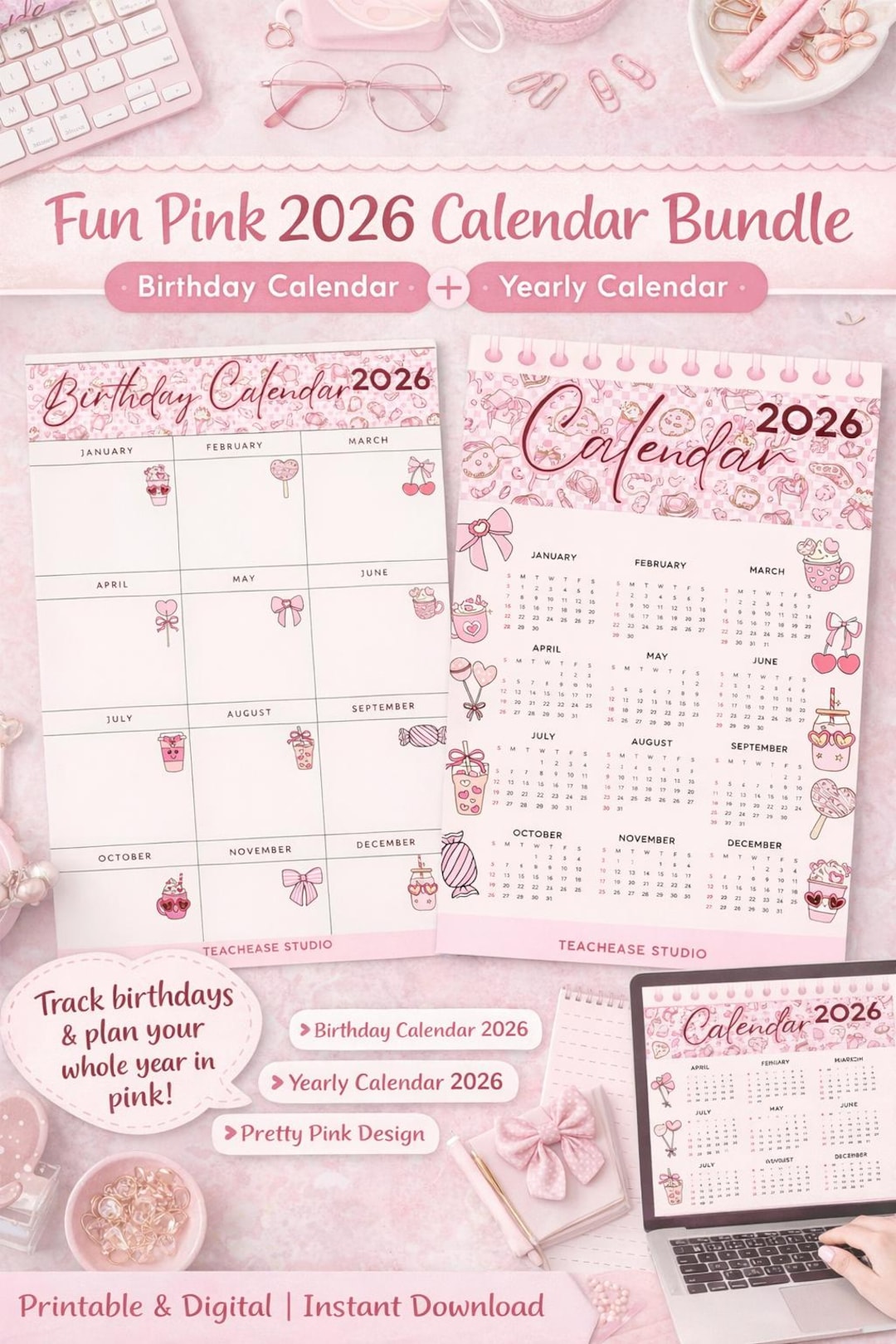 Fun Pink 2026 Calendar Bundle - Etsy