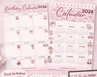 May include: A pink 2026 calendar bundle with a birthday and yearly calendar. The calendars feature a pink design with decorative elements. The text reads "Fun Pink 2026 Calendar Bundle" and "Printable & Digital | Instant Download."