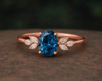 London Blue Topaz Engagement Ring, 14K Rose Gold Floral Ring