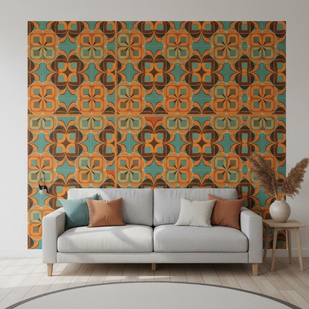 Retro 70s Geometric Flower Tile Wallpaper Mural - Etsy