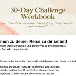 May include: A German-language workbook, "30-Day Challenge Workbook", with watercolor art and a quote on the cover. The title is in a brown serif font. The text below the title is in a sans-serif font. The image includes a croissant.