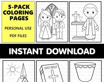Communion coloring page boy girl First Holy Communion Religious party favors activity 5 pack coloring sheets INSTANT DOWNLOAD PDF