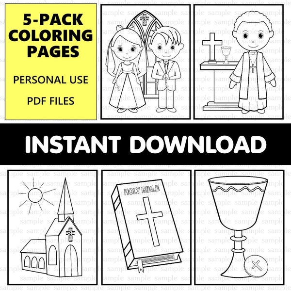 Communion coloring page boy girl First Holy Communion Religious party favors activity 5 pack coloring sheets INSTANT DOWNLOAD PDF