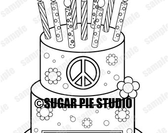 Peace Birthday Cake Coloring Page Activity Party Favor Childrens Kids Printable PDF Or JPEG File