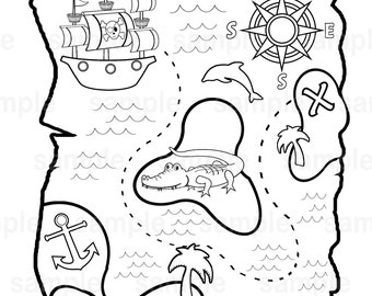 Personalized Pirate Treasure Map Coloring Page Birthday Party Favor Colouring Activity Sheet Personalized Printable Template