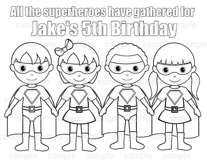 Personalized Superhero Coloring Page Birthday Party Favor Colouring Activity Sheet Personalized Printable Template image 1
