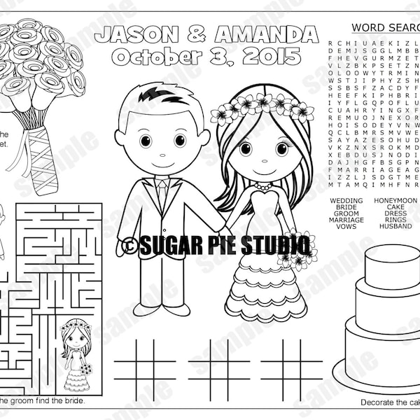 Wedding Favor childrens kids coloring page activity Personalized Printable PDF or JPEG file