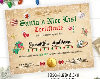 Christmas Nice List Certificate Personalized Christmas Eve Box Filler Santa Claus Boys Girls  Printable Digital Download