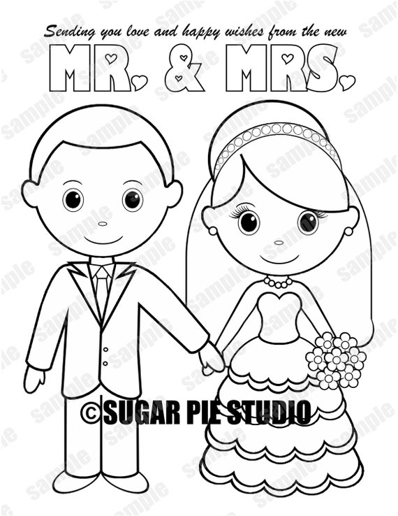 INSTANT DOWNLOAD Printable Bride Groom Wedding coloring page activity page Party Favor childrens kids pdf and jpeg