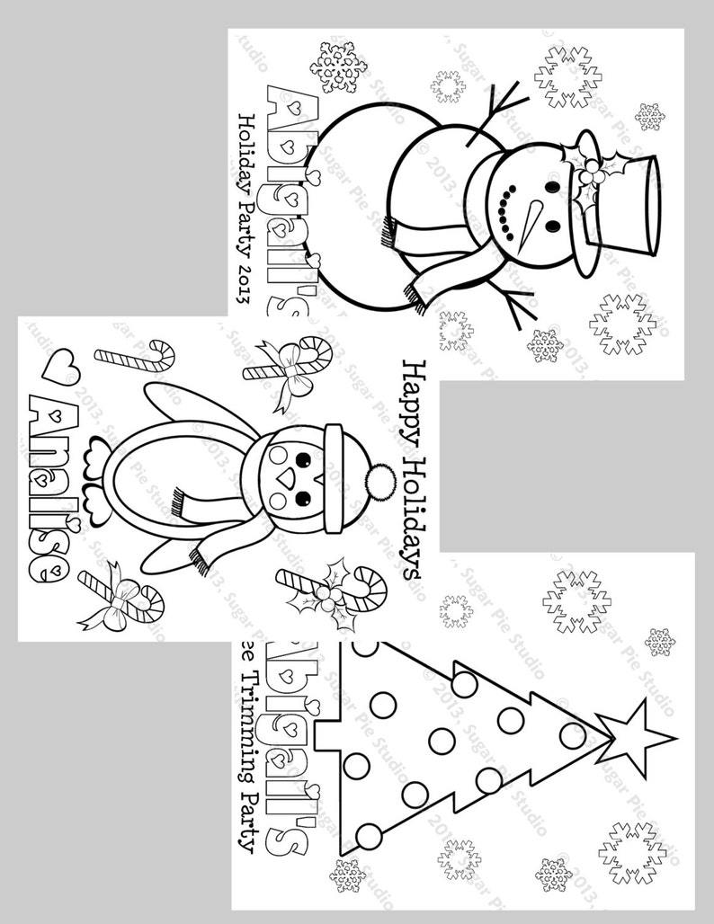 Personalized Printable 3 pack Holiday Christmas Winter Party Favor childrens kids coloring page activity PDF or JPEG file image 1