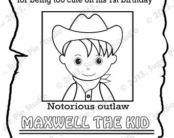 Personalized Cowboy Coloring Page Birthday Party Favor Colouring Activity Sheet Personalized Printable Template