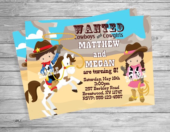 Cowboy Cowgirl Jumeaux Garcon Fille Invitation Anniversaire Etsy France