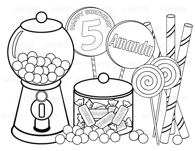 Personalized Sweet Shoppe Candy Coloring Page Birthday Party Favor Colouring Activity Sheet Personalized Printable Template image 1