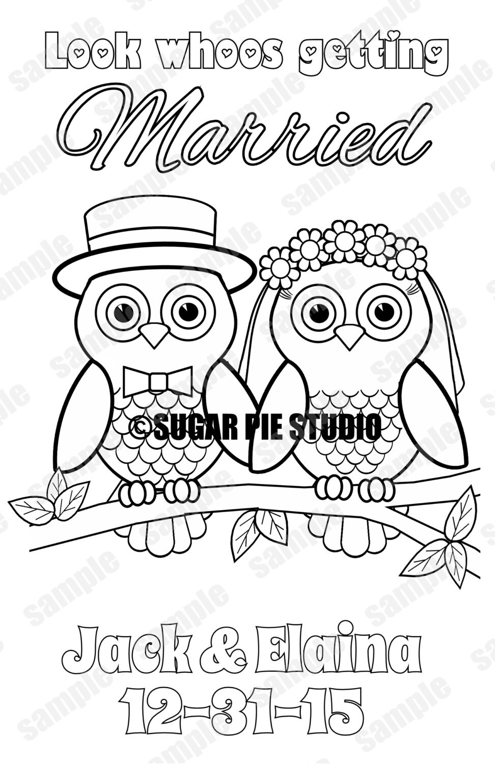 Download Owl Wedding coloring book activity Reception childrens Favor Kids table Personalized PDF or JPEG ...
