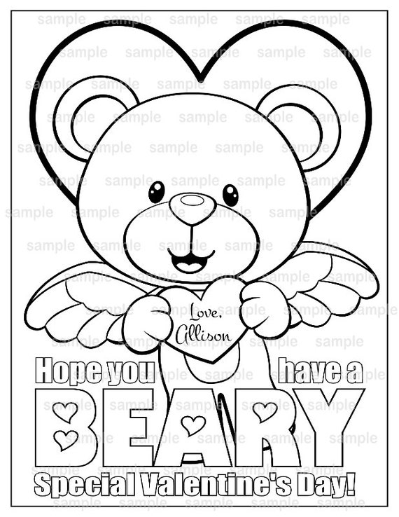 Personalized Printable Bear Valentines Party Childrens Kids Coloring Page Activity PDF Or JPEG File