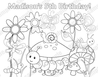 Personalized Printable Bugs Insects Birthday Party Favor childrens kids coloring page activity PDF or JPEG file