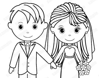 Personalized Printable Bride Groom  Wedding Party Favor childrens kids coloring page activity PDF or JPEG file