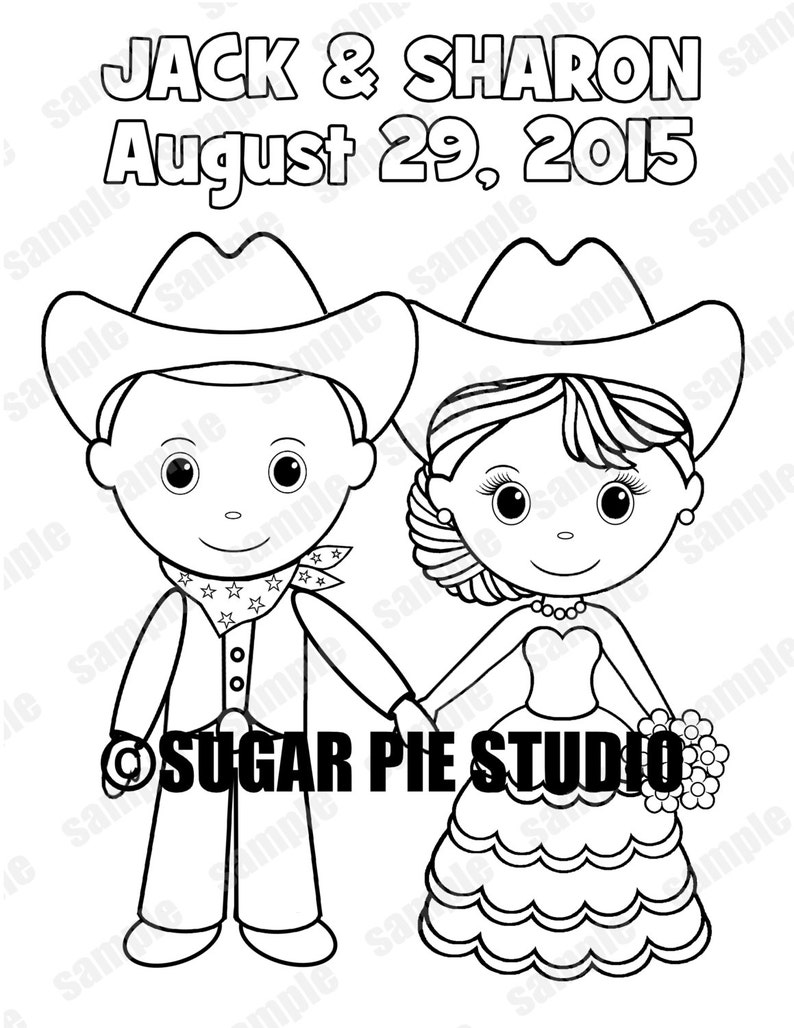 Country western Bride Groom Wedding Party Favor childrens kids coloring page activity Personalized Printable PDF or Jpeg file image 1