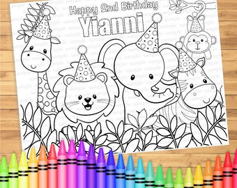 Personalized Printable Jungle Safari Birthday Party Favor childrens kids coloring page activity PDF or JPEG file