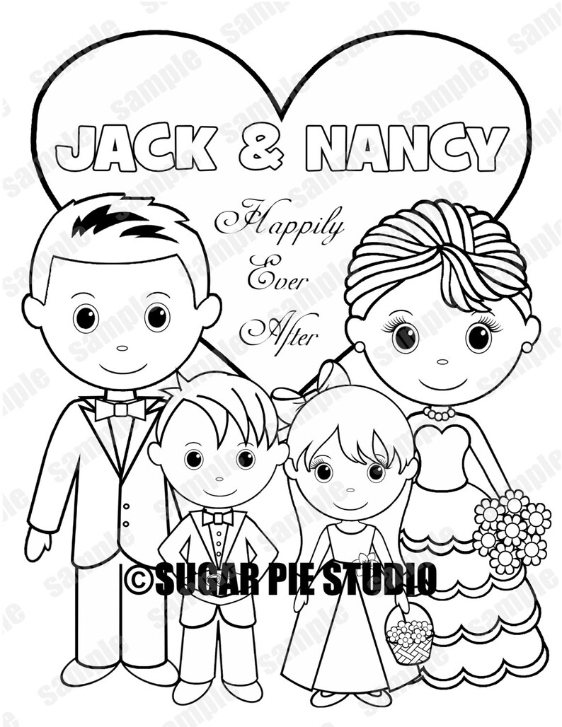 Personalized Printable Bride Groom flower girl ring bearer Wedding Party Favor childrens kids coloring page activity PDF or JPEG file image 1