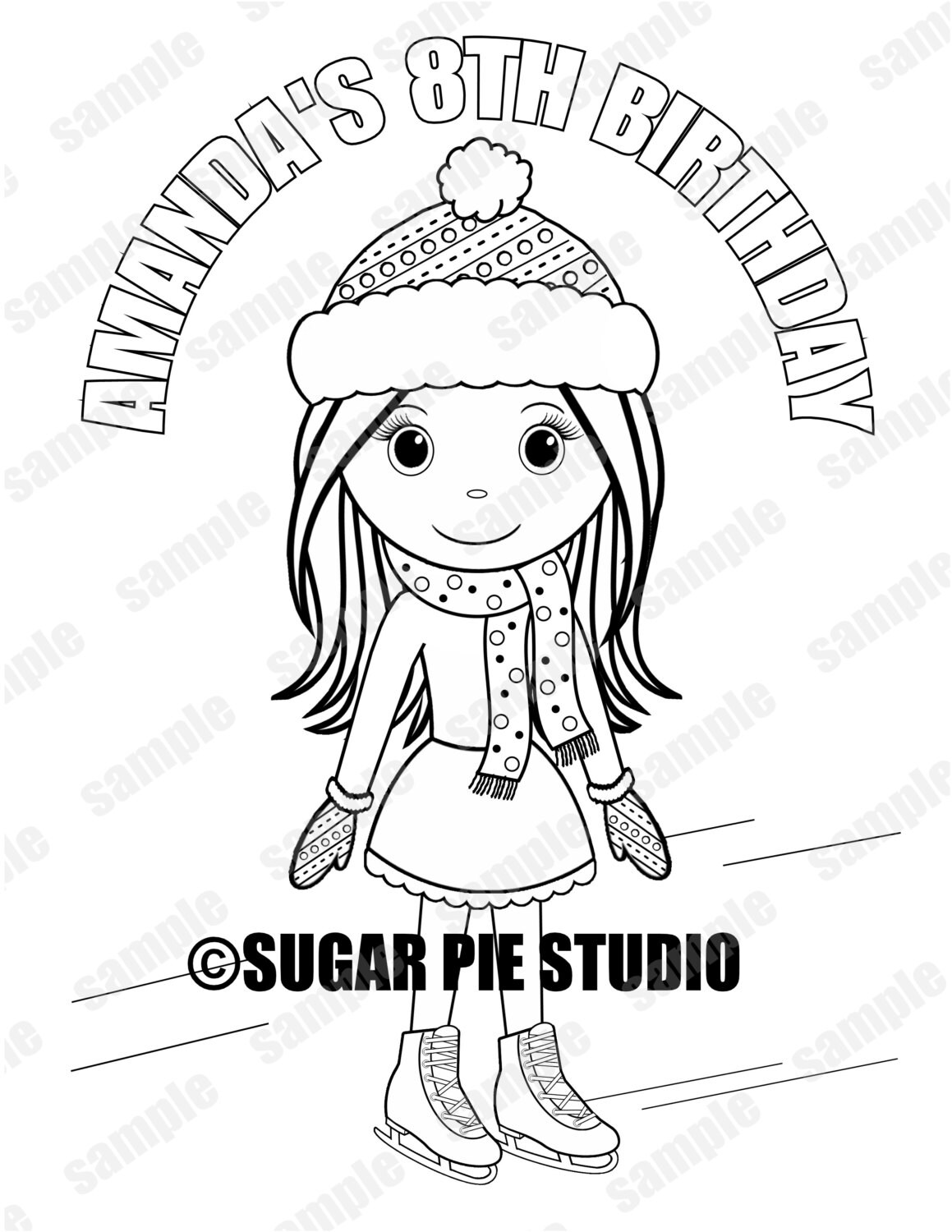 Winter wonderland Ice Skating coloring page activity Birthday Party Favor childrens kids Printable PDF or JPEG file