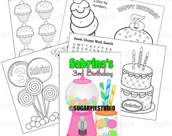 Printable Personalized Custom Sweet Shoppe Candy Favor Kids coloring activity goody bags PDF or JPEG TEMPLATE