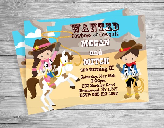 Cow Girl Cowboy Jumeaux Garcon Fille Invitation Anniversaire Etsy