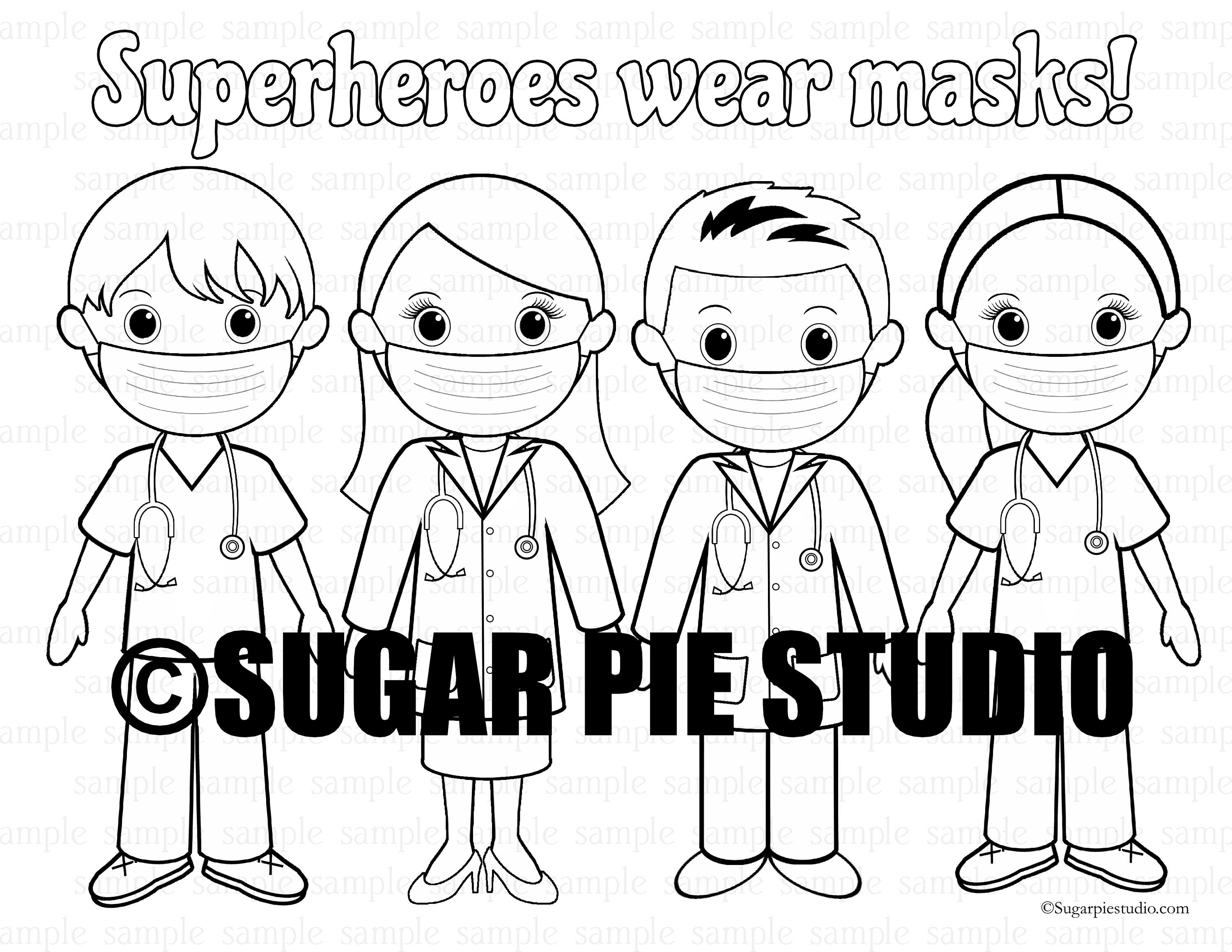 Download Superhero Doctor Nurse superheroes wear masks coloring page PDF file Instant download