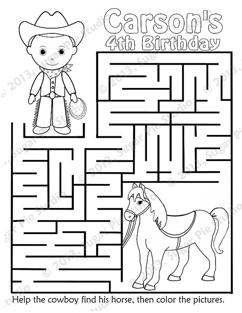 Personalized Printable Cowboy Horse Birthday Party Favor childrens kids coloring page Maze book activity PDF or JPEG file