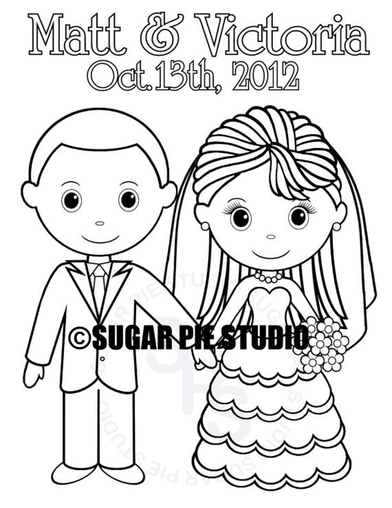 Personalized Printable Bride Groom Wedding Party Favor childrens kids coloring page activity PDF or JPEG file image 1