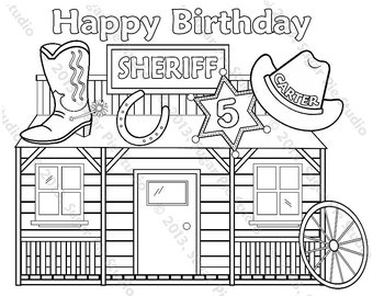 Personalized Sheriff Coloring Page Birthday Party Favor Colouring Activity Sheet Personalized Printable Template