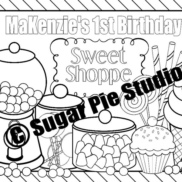 Personalized Sweet Shoppe Candy Shop Coloring Page Birthday Party Favor Colouring Activity Sheet Personalized Printable Template